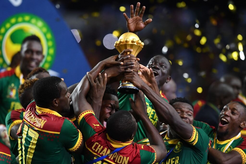 Senegal players lifting the Afcon Trophy